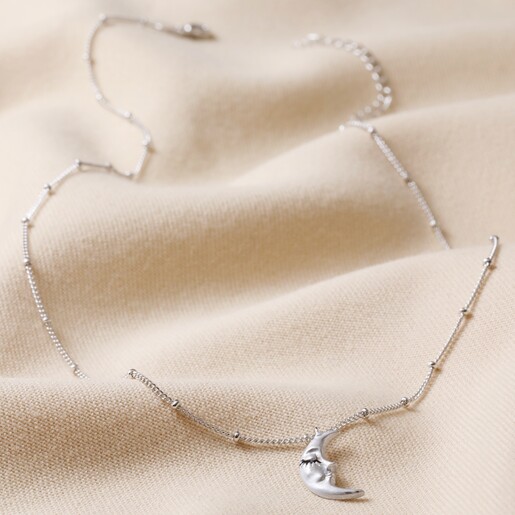 Sleeping Moon Pendant Necklace in Silver Full Length 