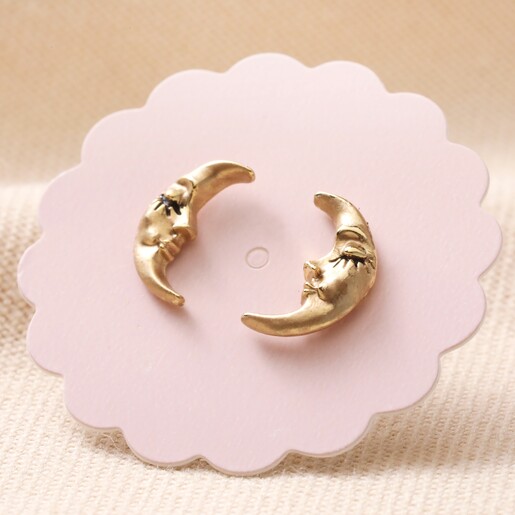 Sleeping Moon Stud Earrings in Gold on Pink Card