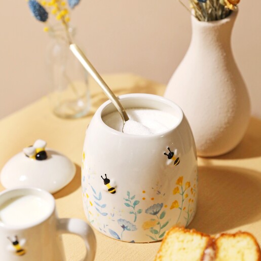 Cornflower Blue Floral Ceramic Jar With Spoon and Sugar Inside