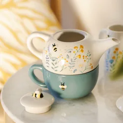 Cornflower Blue Floral Bee Ceramic Teapot and Mug Set