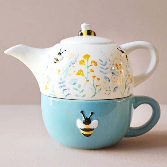 Cornflower Blue Floral Teapot and Cup Set