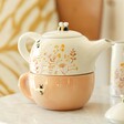 Dusky Pink Floral Ceramic Teapot and Mug Set on Marble Surface