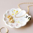 Dusky Pink Floral Ceramic Trinket Dish on Neutral Background with Jewellery Surrounding