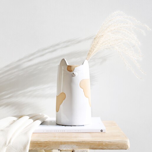 Textured Ceramic Cat Vase Filled With Pampas Against White Wall