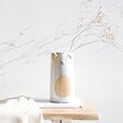 Textured Ceramic Dog Vase Filled With Dried Stems Against White Wall