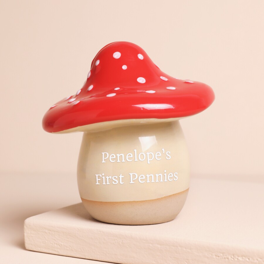 This Adorable Personalised Message Ceramic Toadstool Money Box is Perfect for Gifting to a Little One Who's Just Turned One