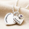Close Up of Silver Pendants on Personalised Double Heart and Birthstone Charm Necklace