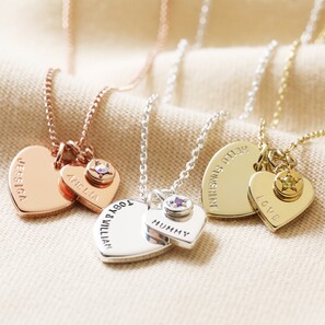 Personalised Double Heart and Birthstone Charm Necklace