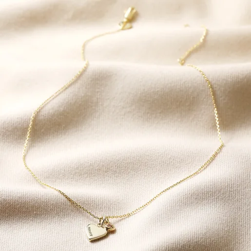 Personalised Heart and Birthstone Charm Necklace Full Length on Beige Fabric