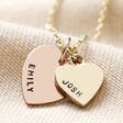 Gold and Rose Gold Personalised Sterling Silver Double Heart Pendant Necklace With Blackened Hand Stamping