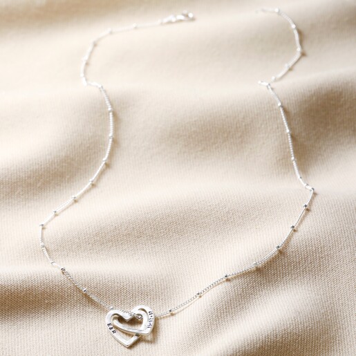 Personalised Sterling Silver Hammered Interlocking Hearts Necklace on Neutral Material Full Length