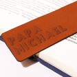 Close Up of 2 Line Personalisation on Personalised Name Leather Bookmark