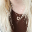 Blonde model wearing silver Personalised Rainbow Pride Eternity Pendant Necklace