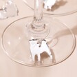 Close Up of Silver Pug Charm from Set of 6 Dog Wine Glass Charms on Base of Wine Glass