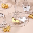 Set of 6 Dog Wine Glass Charms in Silver and Gold Mixed on Bases of Wine Glasses