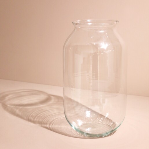 Large Rounded Glass Vase against pink background with shadow behind