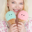 Model Holding Jellycat Irresistible Ice Cream Mint Soft Toy with strawberry version
