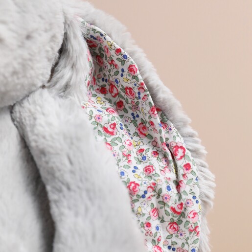 Floral Print Ears on Jellycat Medium Blossom Silver Bunny Soft Toy