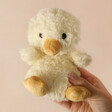 Model Holding Jellycat Yummy Duckling Soft Toy in Front of Beige Backdrop