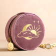 Moon and Sun Mauve Pink Velvet Round Travel Jewellery Case on Neutral Background