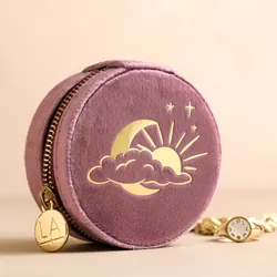 Moon and Sun Mauve Pink Velvet Round Travel Jewellery Case