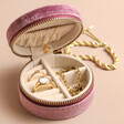 Moon and Sun Mauve Pink Velvet Round Travel Jewellery Case Filled With Gold Jewellery