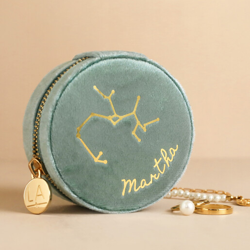 Personalised Sagittarius Constellation Mint Green Velvet Round Jewellery Case on Neutral Background