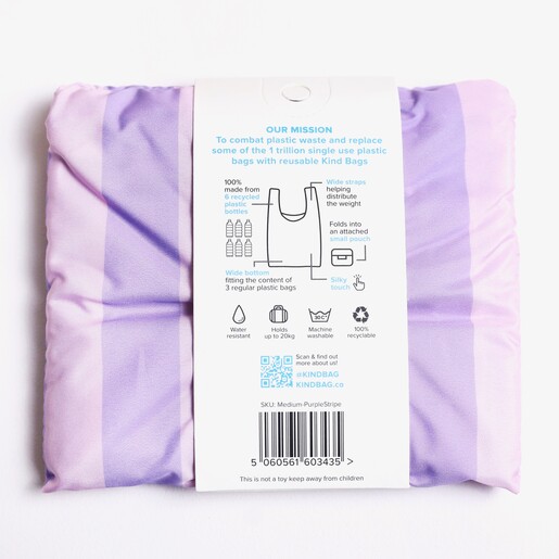Back of Kind Bag Lilac Stripes Reusable Shopping Bag with white background