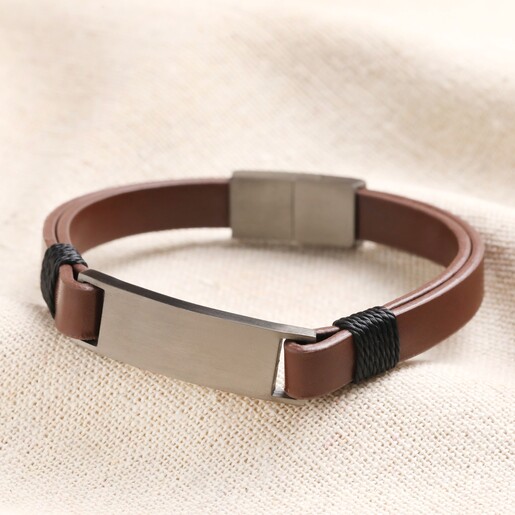 Men's Double Leather Bracelet in Brown on Beige Fabric