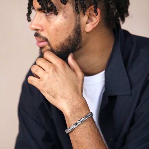 Model Wearing Men's Stainless Steel Woven Chain Bracelet