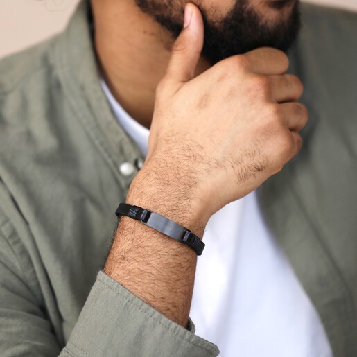 Model Wearing Men's Double Leather Bracelet in Black