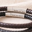 Close up of engravings on the Men's Personalised Polished Leather Bracelet in Brown