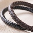Close up of woven detailing on the Men's Personalised Polished Leather Bracelets in brown and black