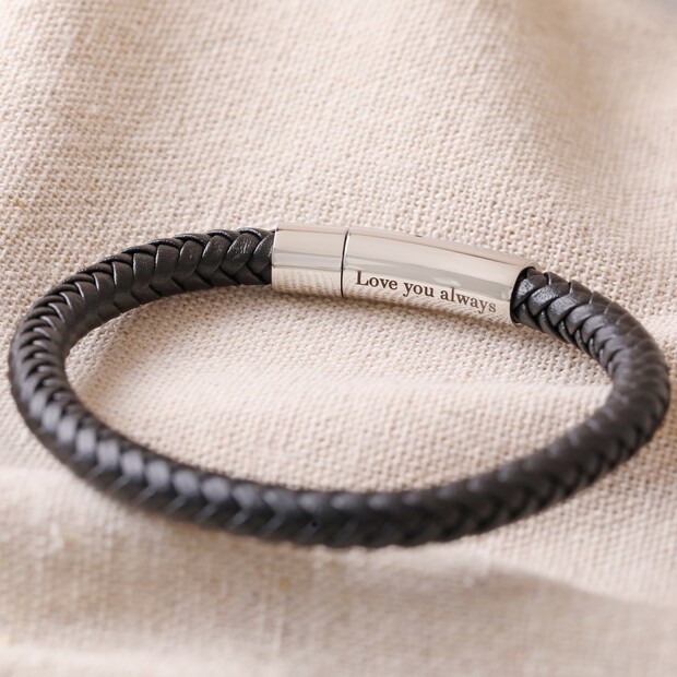 Engraved Men's Black Leather Bracelet | Lisa Angel