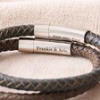Men's Personalised Antiqued Leather Bracelet in Navy and Brown stacked on neutral fabric