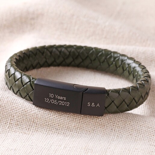Bracelet in Khaki Men's Personalised Antiqued Woven Leather Bracelet in Khaki