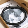 Close Up of Men's Personalised Black Clasp Leather Bracelet with Photo Gift Box with Grandad Wording
