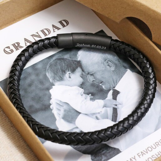 Men's Personalised Black Clasp Leather Bracelet with Photo Gift Box