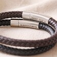 Men's Personalised Leather Bracelets in black and brown on beige fabric