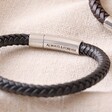 Black Men's Personalised Leather Bracelet on beige fabric