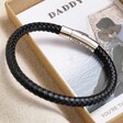 Close Up of Men's Personalised Polished Leather Bracelet with Photo Gift Box with Daddy Wording