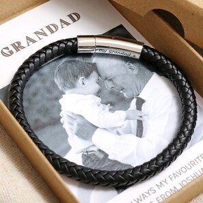 Men's Personalised Polished Leather Bracelet with Photo Gift Box