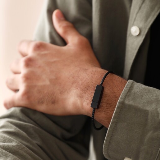 Men's Stainless Steel Thin Wire Bracelet in Black on Male Model Hand on Arm