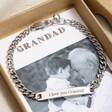 Close Up of Personalised Men's Stainless Steel Chain Bracelet with Photo Gift Box with Grandad Wording