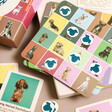 Contents inside Dog Bingo Game box showing picture card, counters and bingo sheet