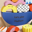 Close up of personalisation on Personalised Shapes Wooden Balance Game