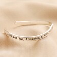 Adjustable 'All Things Lovely' Meaningful Word Wave Bangle in Silver on neutral coloured material