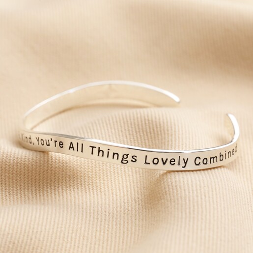 Adjustable 'All Things Lovely' Meaningful Word Wave Bangle in Silver Adjustable 'All Things Lovely' Meaningful Word Wave Bangle in Silver on natural coloured fabric