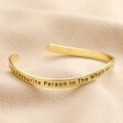 Adjustable 'Favourite Person' Meaningful Word Wave Bangle in Gold on natural coloured fabric
