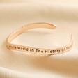 Second Side of Adjustable Favourite Person Meaningful Word Wave Bangle in Rose Gold on neutral fabric 